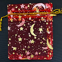 Мішечок подарунковий червоний органза зірочки золотистий візерунок розмір 7/9 см із затяжками в пакованні 100 штук