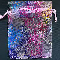 Мешочек подарочный нежно розовый органза разноцветный узор размер 7/9 см с затяжками в упаковке 100 штук