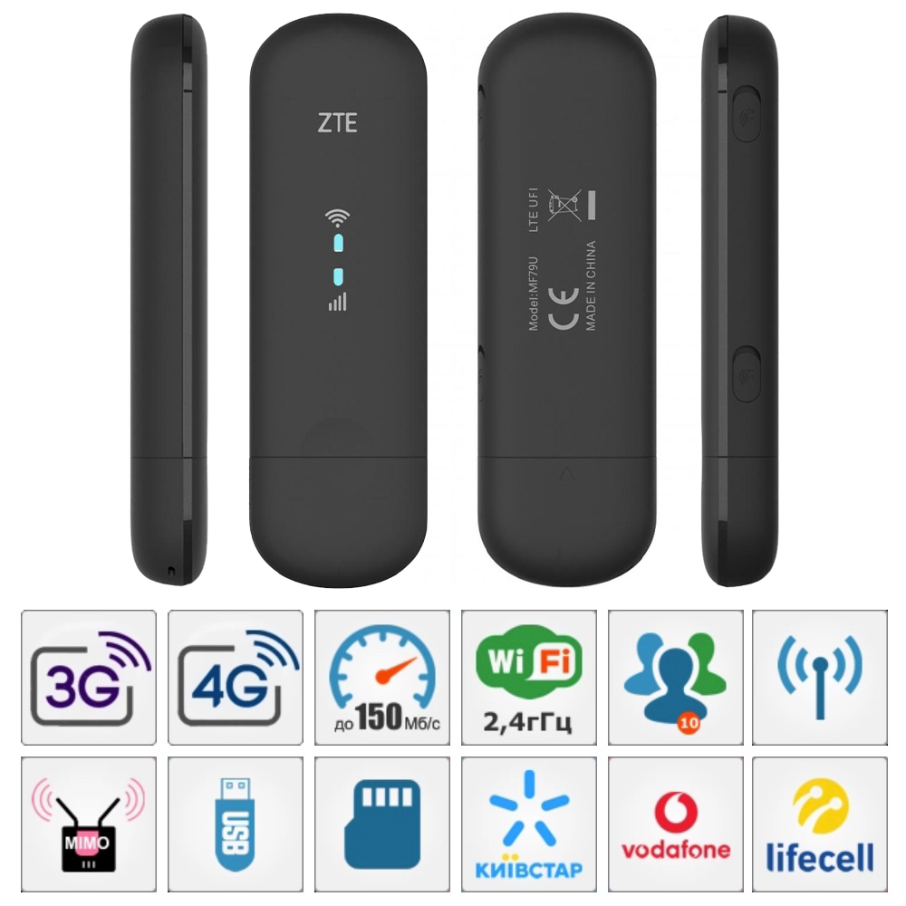 USB WiFi роутер с GSM модемом ZTE MF79U 4G Wi-Fi Black Аккумулятор Беспроводной Внутренняя