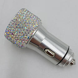 Автомобільний зарядний пристрій на 2 входи, з білими стразами бензин