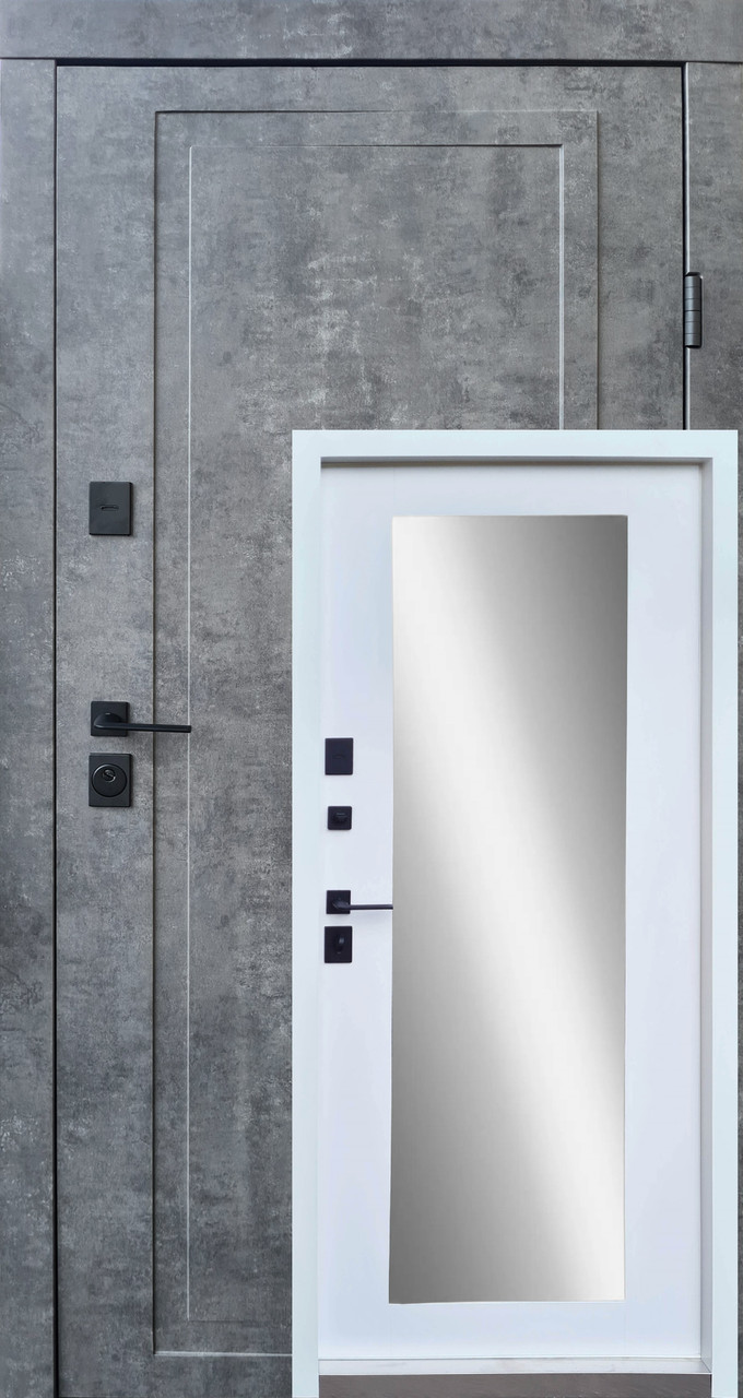 Двері вхідні в квартиру Міроу двухколірні з дзеркалом  Ваш ВіД Сірі /біла 960,860х2050х95 Ліве/Праве