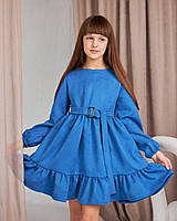 Подростковое платье из замша с поясом (140 размер)  синее