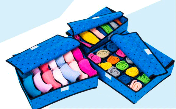 Набір органайзерів із 3 штук для білизни з кришкою синій — Сердечка, фото 1