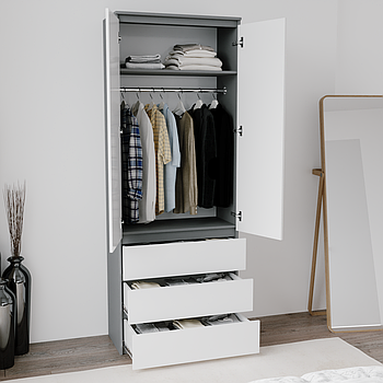 Шафа сіра з білим фасадом без ручок з висувними ящиками й штангою h211*80*50 см