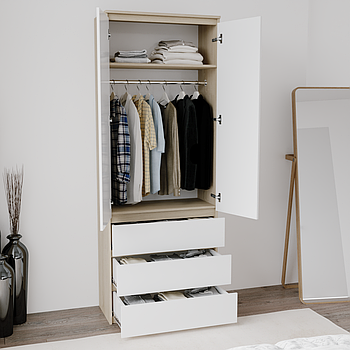 Шафа дуб сонома з білим фасадом без ручок зі штангою та висувними ящиками h211*80*50 см