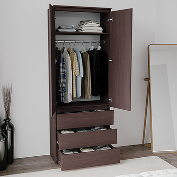 Шафа для спальні коричнева з висувними ящиками й штангою h211*80*50 см