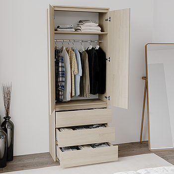 Шафа дуб сонома для одягу зі штангою та висувними ящиками h211*80*50 см