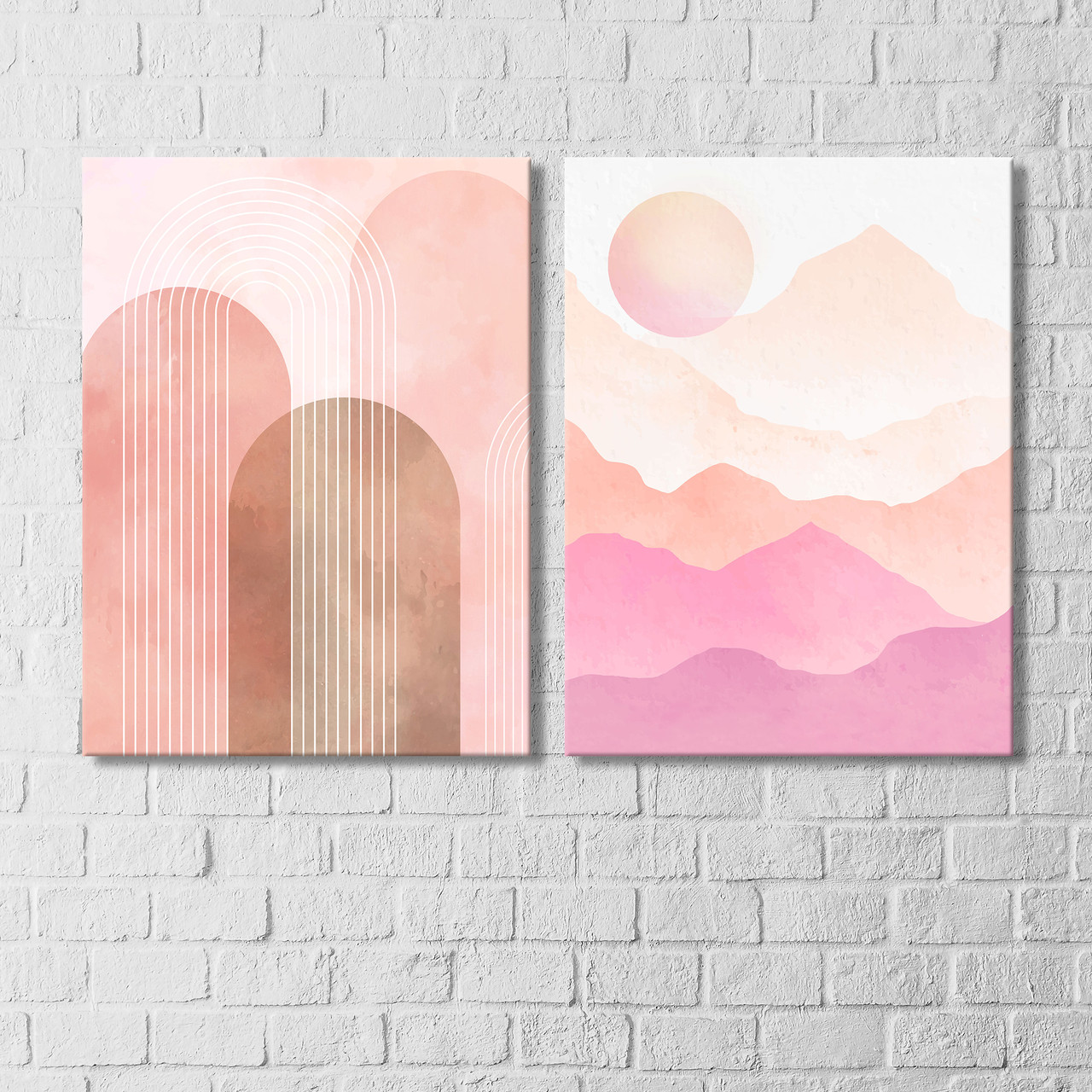 Модульні картини 2 шт Геометричні візерунки Абстракція Малювання лініями Мінімалізм у рожевих кольорах