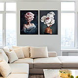 Інтер'єрна модульна картина 2 шт Дівчина та півонії Квіти на голові дівчини Абстракція, фото 2