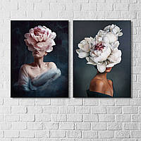 Интерьерная модульная картина 2 шт Девушка и пионы Цветы на голове девушки Абстракция