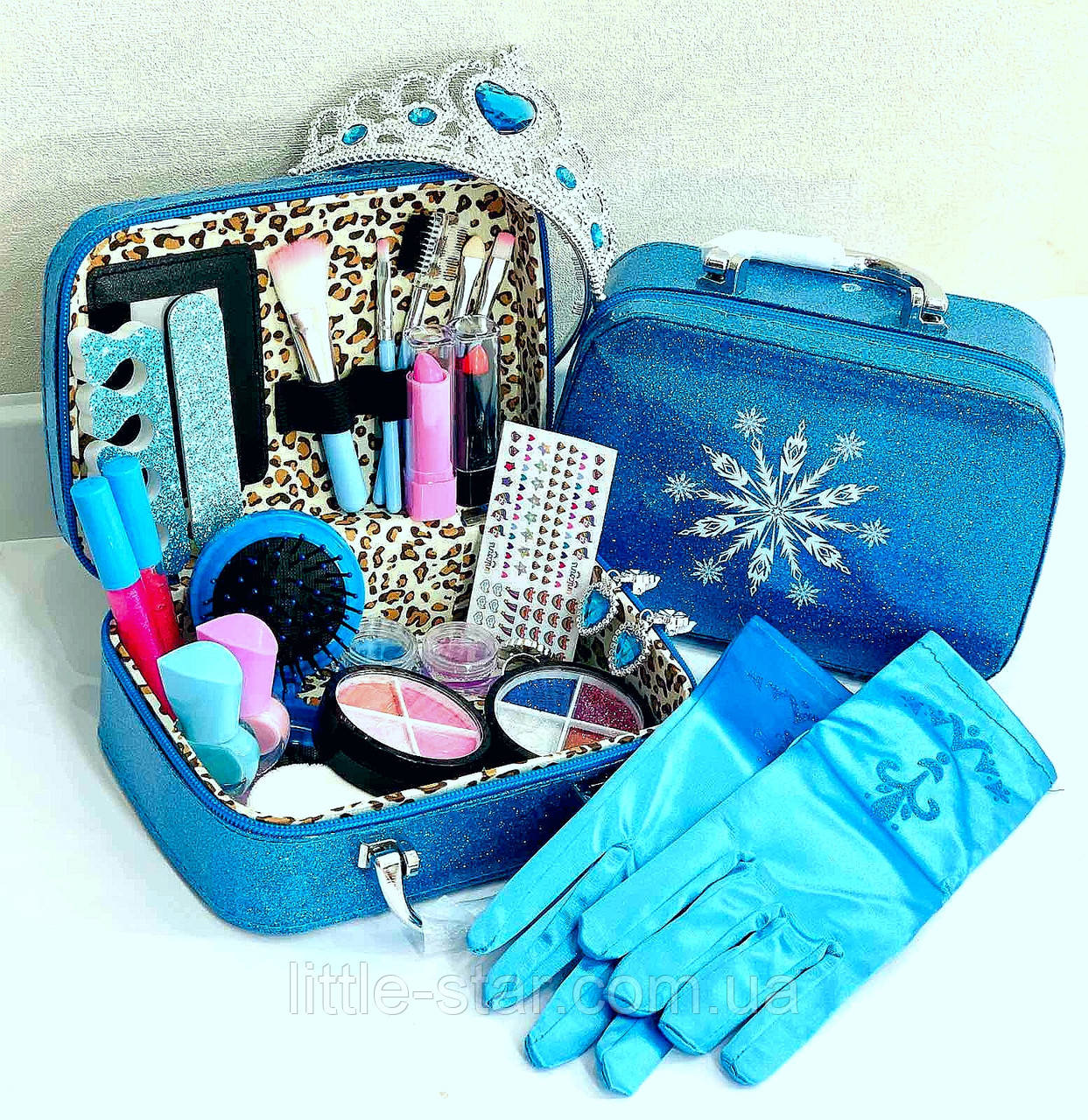 Б'юті-кейс з дитячою косметикою Фроузен, 27 предметів, тіні, лаки, помади, розчіска, корона, прикраси