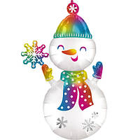 Фольгированный шар большая стоячая фигура, Снеговик Сатиновый со Снежинкой,Р70