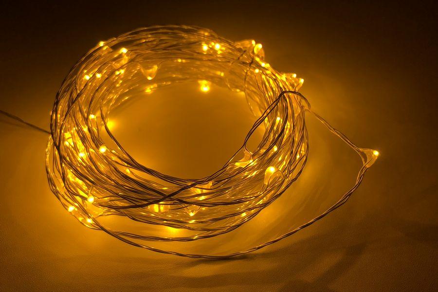 Гірлянда роса крапля 10 м 100 LED прозорий дріт тепло-білий колір (від батаєйок+ юсб), фото 1