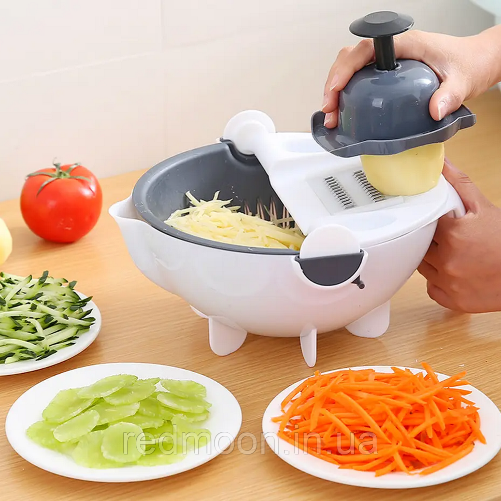 Тертка-овочерізка 9в1, з контейнером та друшляком, Rotate Vegetable Slicer / Слайсер-мультирізка з насадками