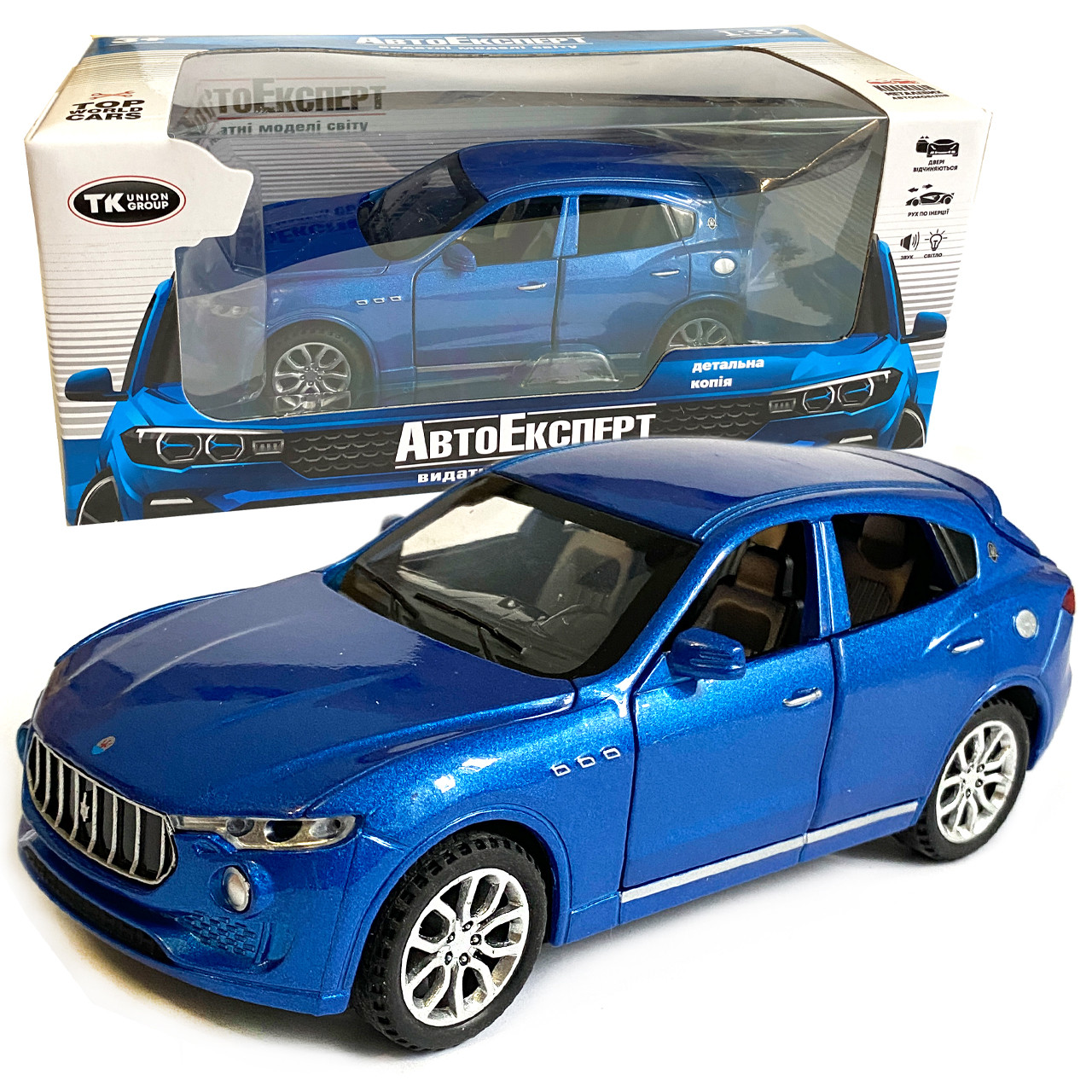 Іграшкова машинка металева Maserati Levante Мазераті Леванте синій, звук, світло, інерція, відкр. двері, капот, багажник, 14*6*5, фото 1