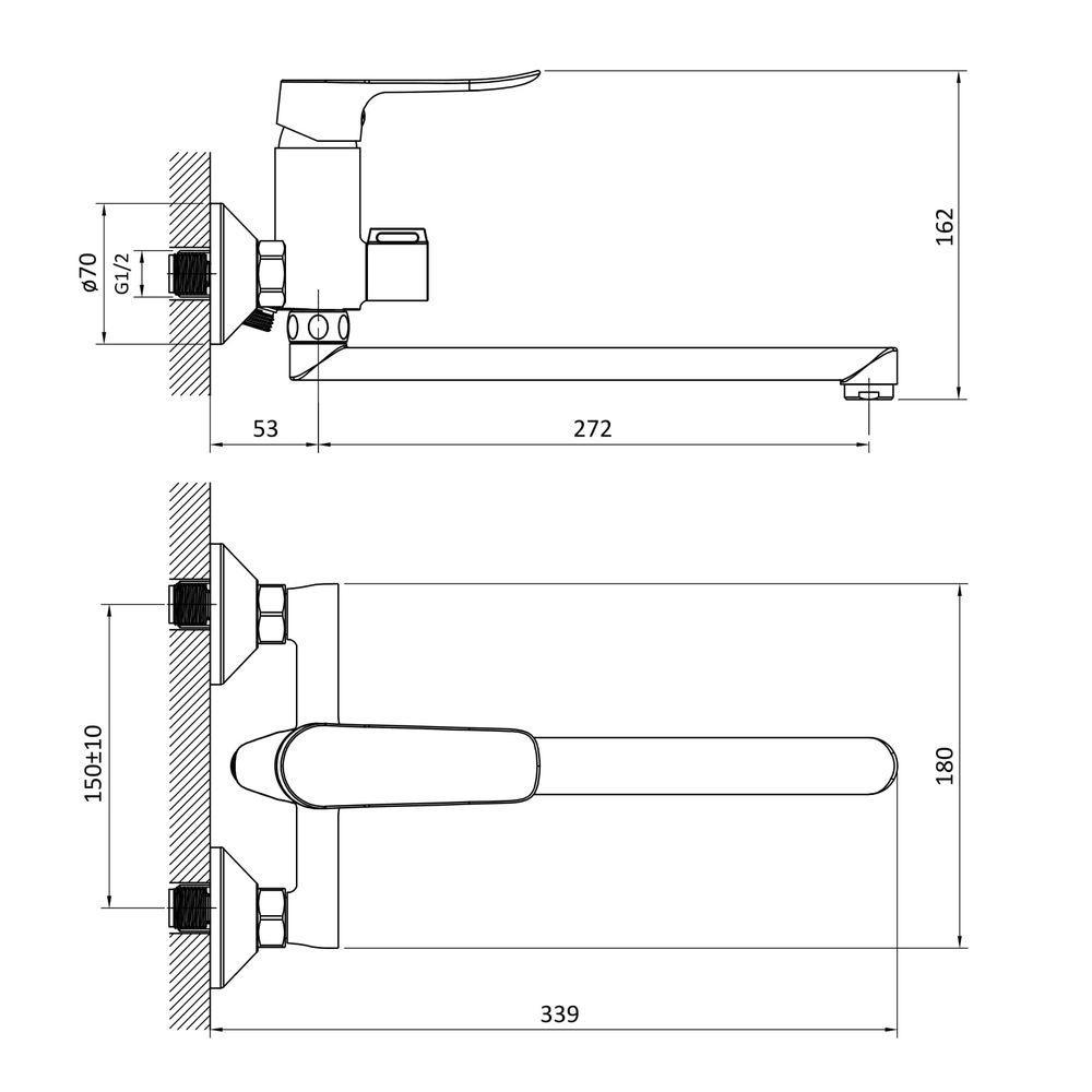 SLIP смеситель для ванны однорычажный, переключатель ванна/душ встроенный в корпус, L-излив, хром - фото 2 - id-p1708518296
