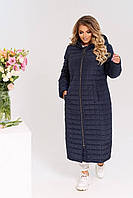 Тёмно-синее стёганное женское зимнее пальто батал с 56 по 62 размер