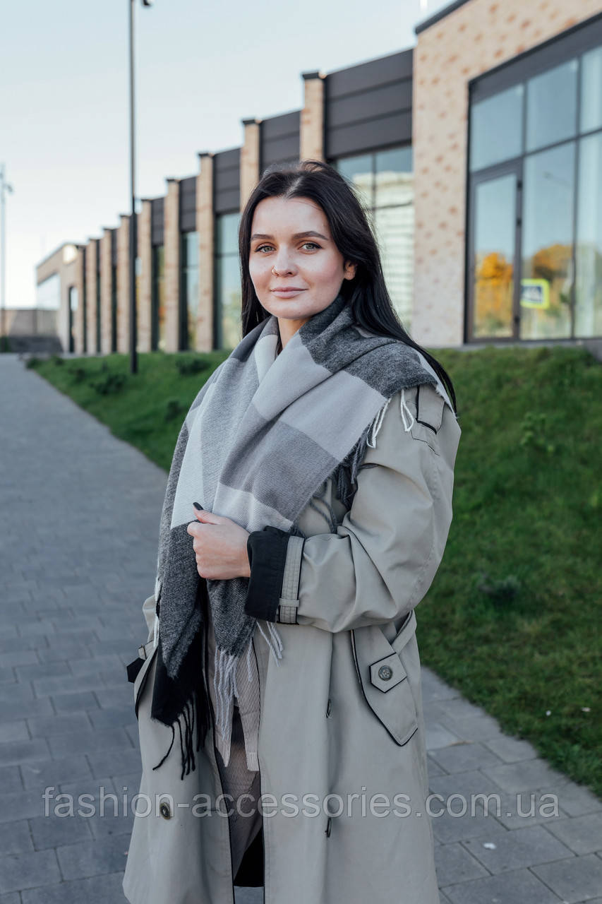 🔥ТОП!!! Велика сіра кашемірова хустка в клітку LEONORA, фото 1