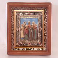 Икона Мироносицы святые жены, лик 10х12 см, в коричневом деревянном киоте с камнями