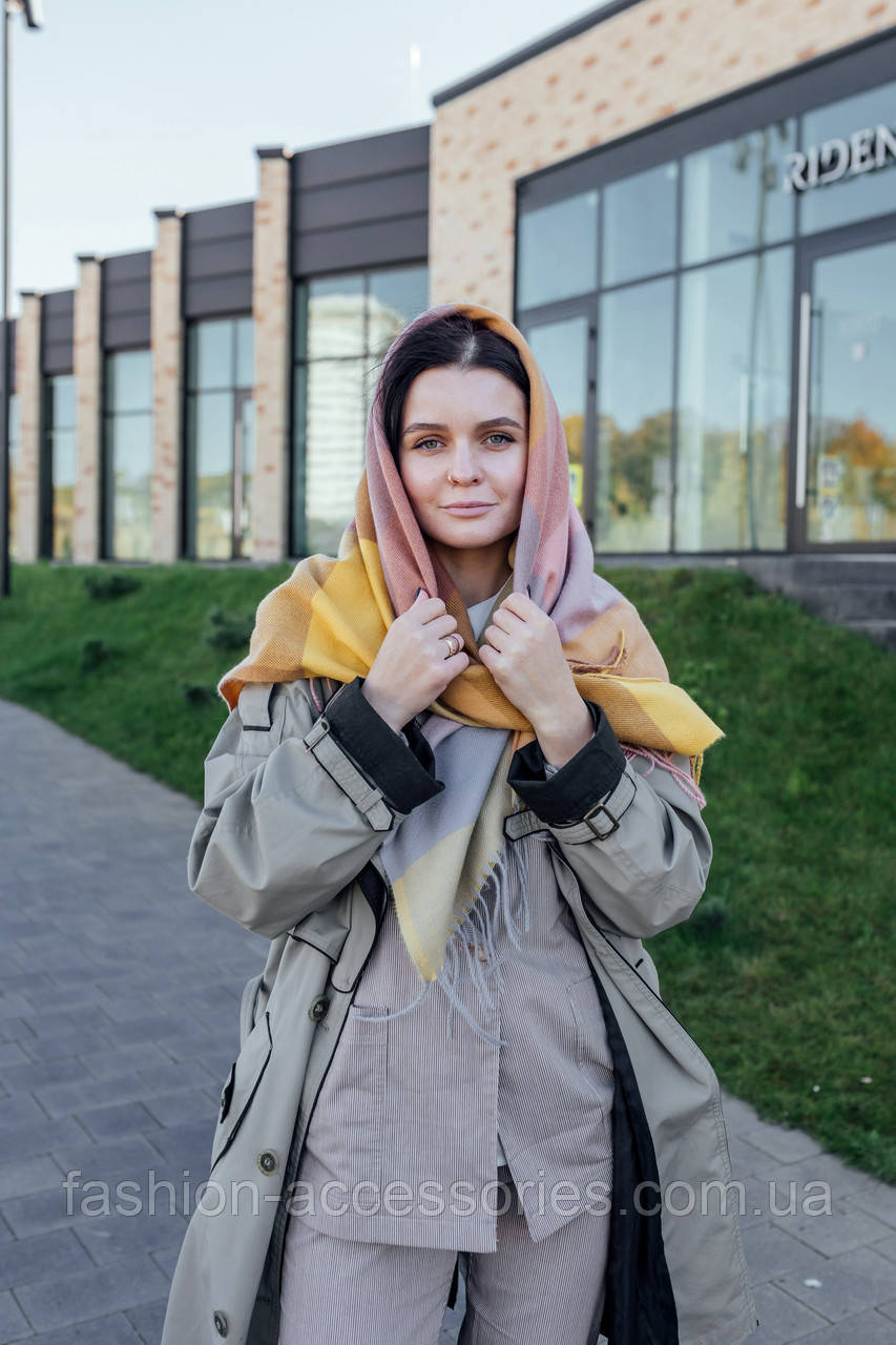 🔥ТОП!!! Велика жовта кашемірова хустка в клітку LEONORA, фото 1