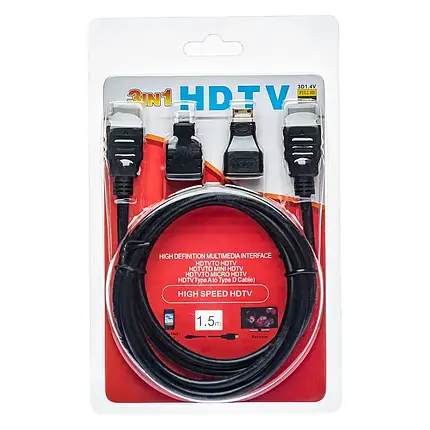 Кабель Hdmi на Hdmi 1.5м 3 в 1 micro mini hdmi ABC, фото 2