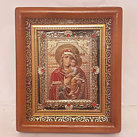 Икона Киево - братская Пресвятая Богородица, лик 10х12 см, в коричневом деревянном киоте с камнями