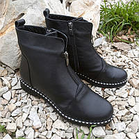 Кожаные ботинки женские демисезонные низкий ход черные молния спереди Турция 38