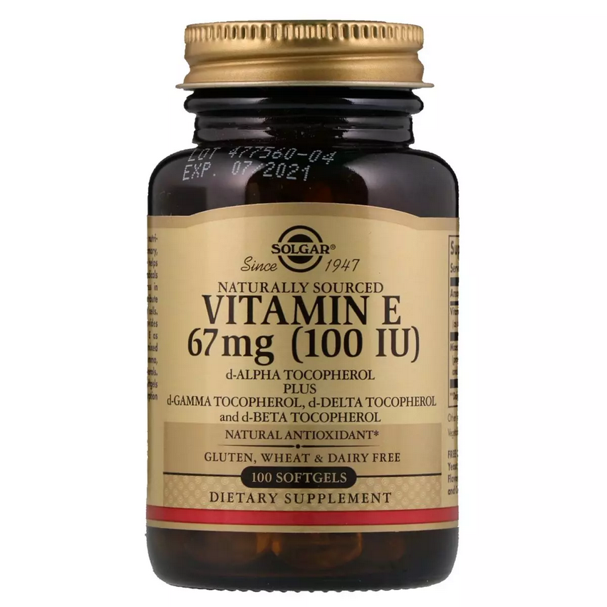 Вітамін Е, 67 мг (100 IU), d-Alpha Tocopherol&Mixed Tocopherols, Solgar, 100 желатинових капсул