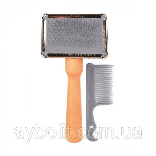 Щітка-пуходерка з дерев'яною ручкою та пластиковий гребінець Trixie 6 см/13 см, набір, фото 1