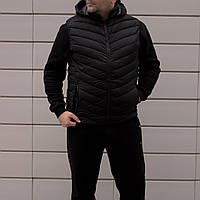 Чёрная мужская утеплённая жилетка со съёмным капюшоном БАТАЛ | 100% полиэстер + силикон