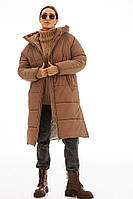 Женская зимняя длинная куртка-пальто стеганная с капюшоном Бежевый, M