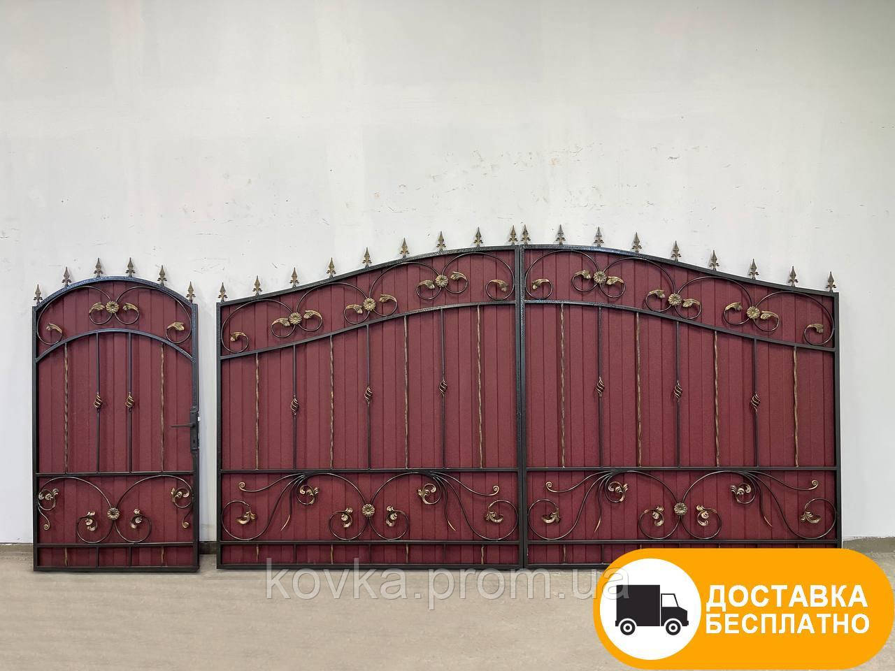 Розпашні ворота з хвірткою з профнастила, код: Р-0108-М