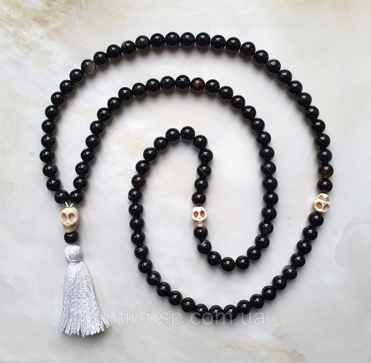 Чотки 99 намистин натуральний чорний агат (не прес, чорний онікс) 8 мм вага 78г, фото 1