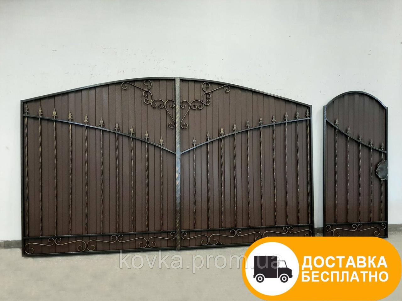 Розпашні ворота з хвірткою з профнастила, код: Р-0114-М