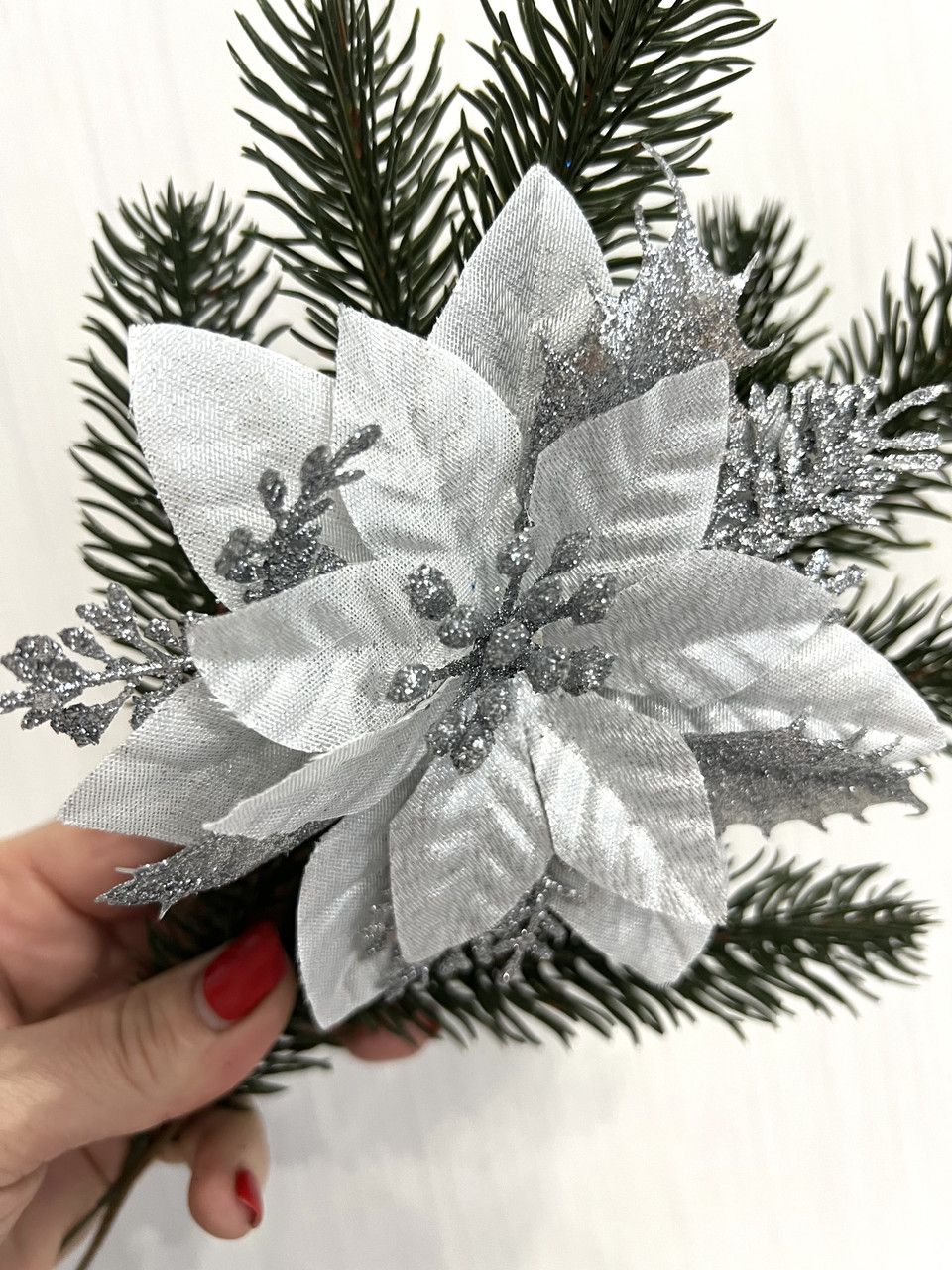 Новогодний декор . Пуансеттия ажурная , цветок рождественский ( серебро 12 см ) - фото 1 - id-p1499665889