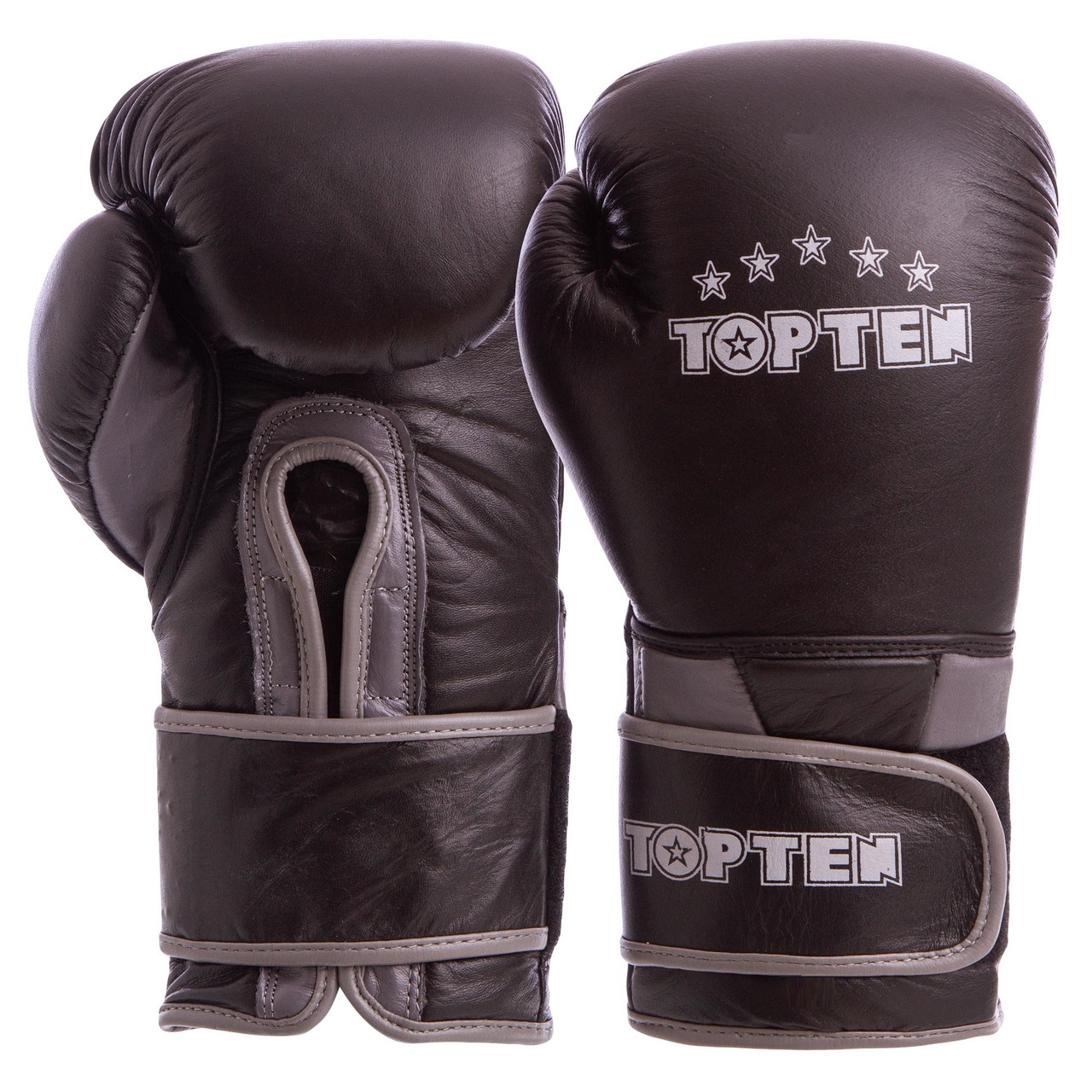 Перчатки боксерские кожаные на липучке TOP TEN MA-6756 (р-р 12oz, черный-серый) - фото 1 - id-p1708694110