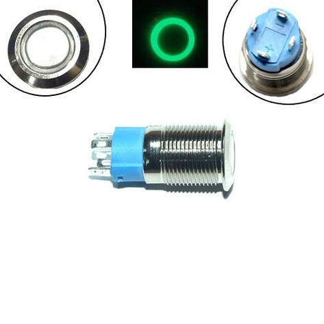 Кнопка 12мм фіксуюча, 12-24В, зелений LED, 4pin, 12F-P10DZ, фото 1