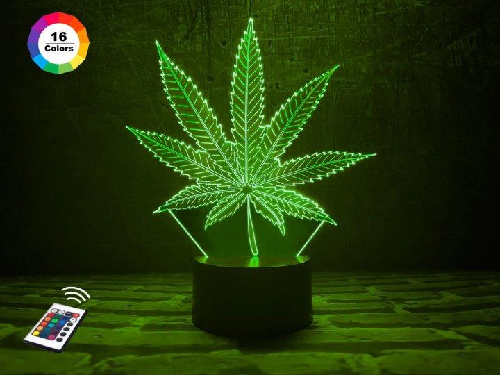 3D світильник нічник з пультом "Листок конопель" 3DTOYSLAMP