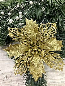Новорічний декор. Квітка різдвяна - пуансеттія ажурна ( золото 15 см )