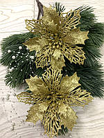 Новорічний декор. Квітка різдвяна - пуансеттія ажурна ( золото 15 см ), фото 2