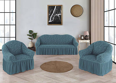 Жаккардовий чохол на диван + 2 крісла з юбкою Roza Туреччина М'ятний