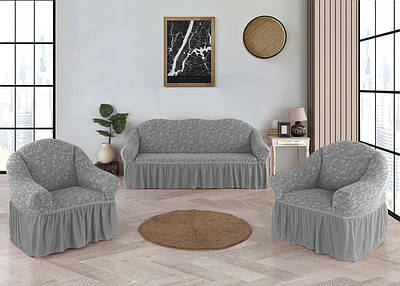Жаккардовий чохол на диван + 2 крісла з юбкою Roza Туреччина Світло Сірий