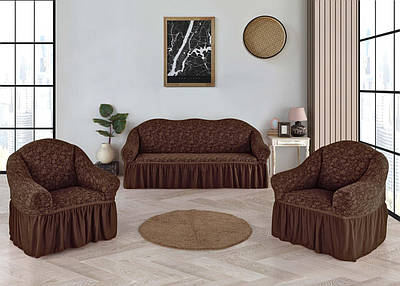 Жаккардовий чохол на диван + 2 крісла з юбкою Roza Туреччина Коричневий