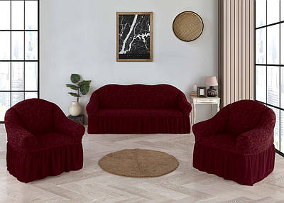 Жаккардовий чохол на диван + 2 крісла з юбкою Roza Туреччина Бордовый