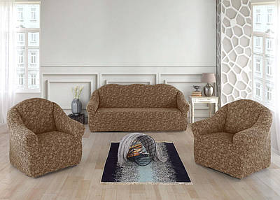 Жаккардовий чохол на диван + 2 крісла без юбки Roza Туреччина Пісочний