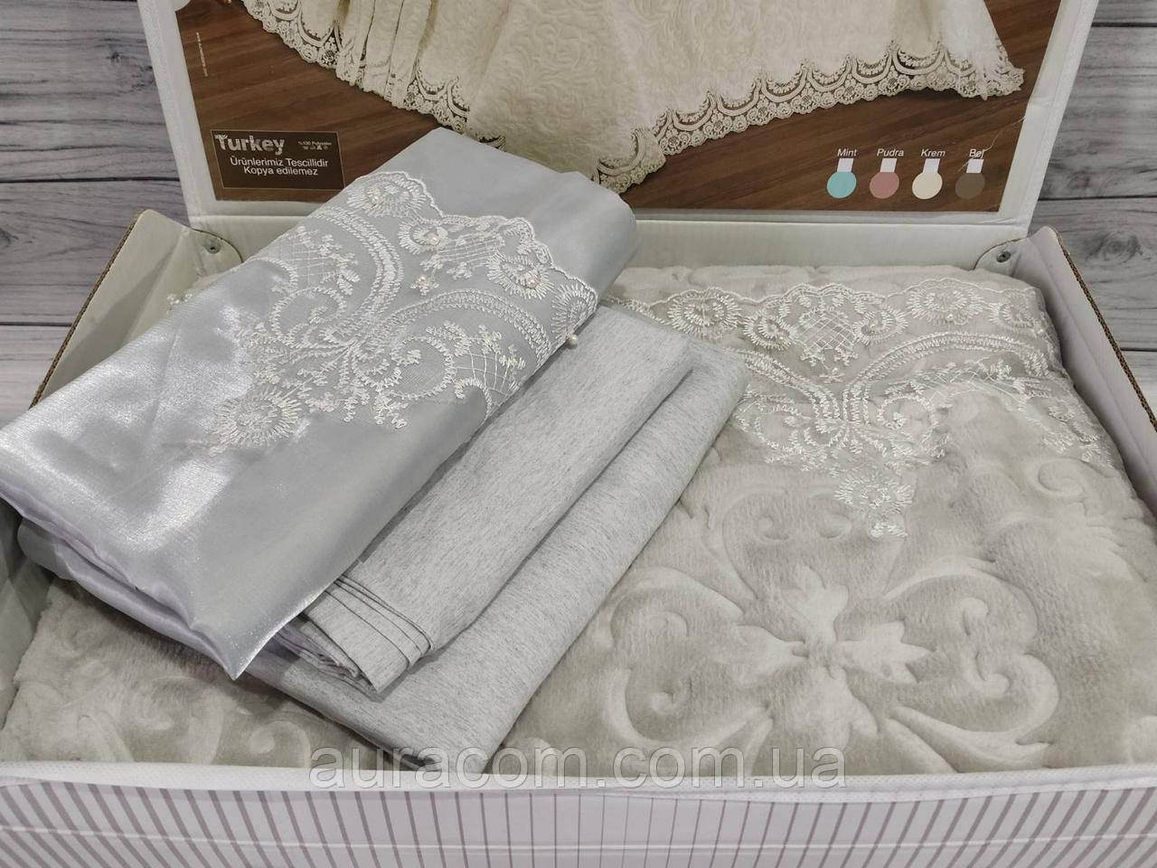 Плед і постільна білизна Estima c французьким мереживом, євро розмір, сірий колір. Туреччина, фото 1