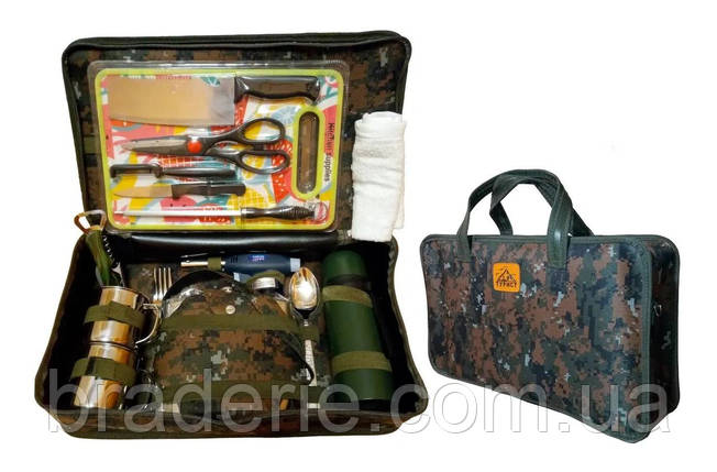 Великий туристичний набір 16в1 з інструментом для приготування аксесуарів та великою флягою в камуфляжній сумці, фото 2