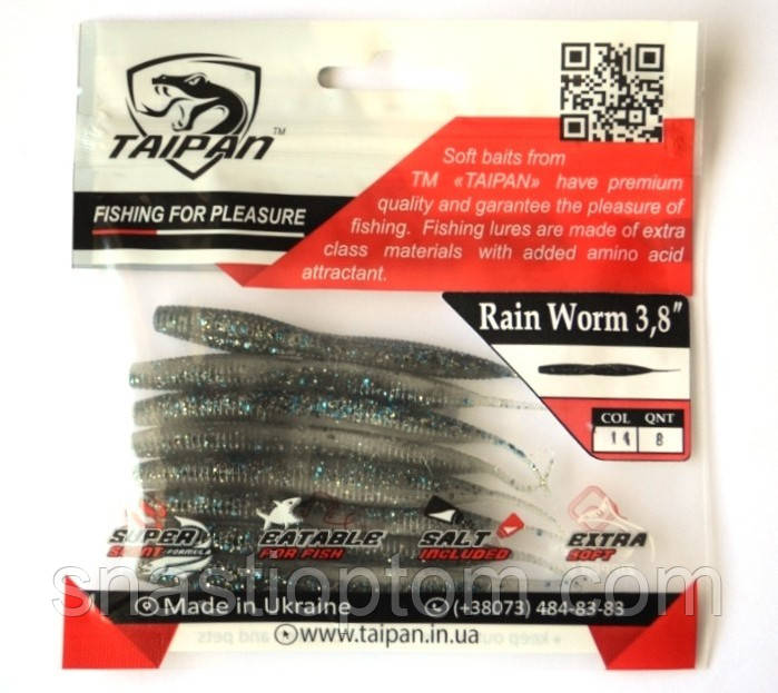 Силиконовая приманка для рыбалки Taipan Rain Worm, длина 3,8 дюйма, 8шт/уп, цвет №14 Bluegill flash - фото 3 - id-p1709033835