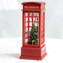 Новорічний ліхтар Телефонна будка 20 см червоний музичний зі снігом і підсвіткою великий, фото 3