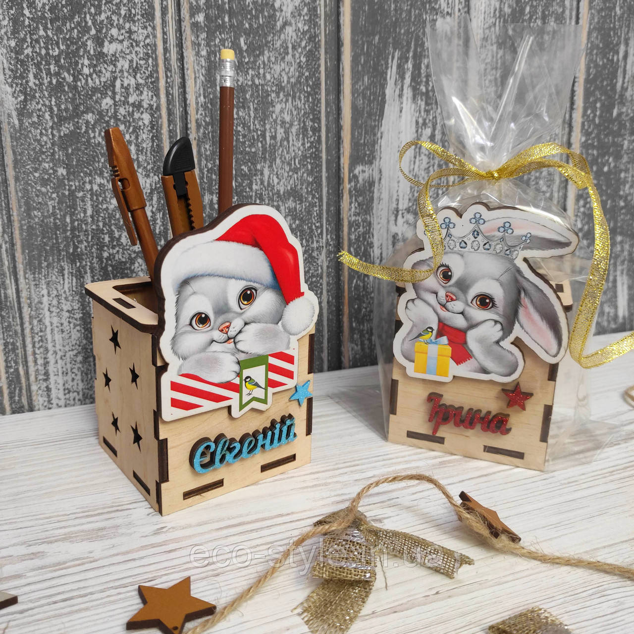 Стакан для ручок "Новорічні Зайчики". Іменний подарунок для школярів, фото 1